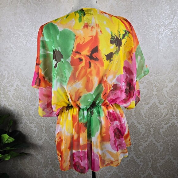 Le Moda One Size Sheer Floral Print Swim Cover Up Elastic Waist Armholes - Picture 6 of 10
